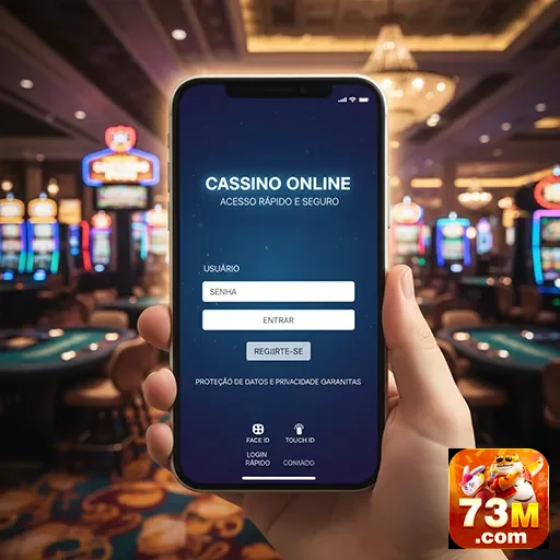 Telão de celular mostrando acesso a cassino online em 73m.