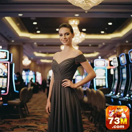 Modelo elegante em um ambiente de cassino com slots da 73m.