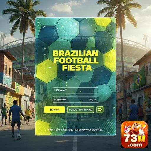 Tela de login do site 73m com tema de futebol brasileiro.