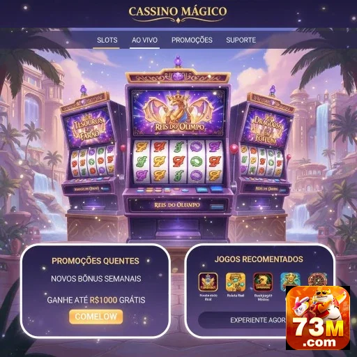Interface do 73m destacando recursos VIP e jackpots.