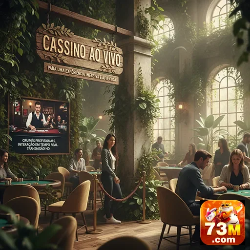 Ambiente do cassino online 73m com crupiês e jogadores.