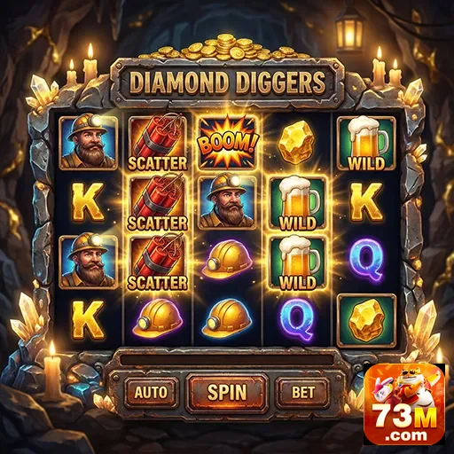 Tela do jogo Diamond Diggers no 73m com ícones de caça-níqueis.