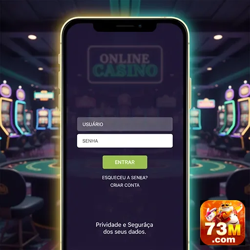 Telinha do app 73m mostrando login para jogos online.
