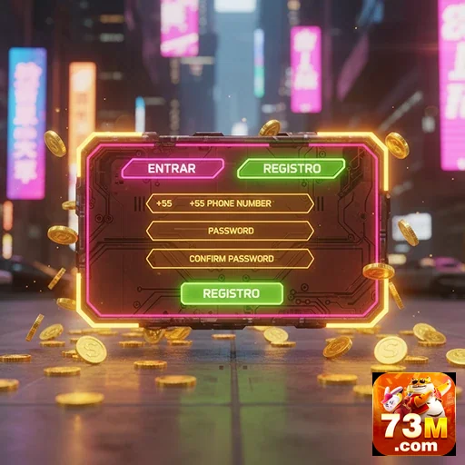 Interface de registro do 73m com opções de login e cadastro.