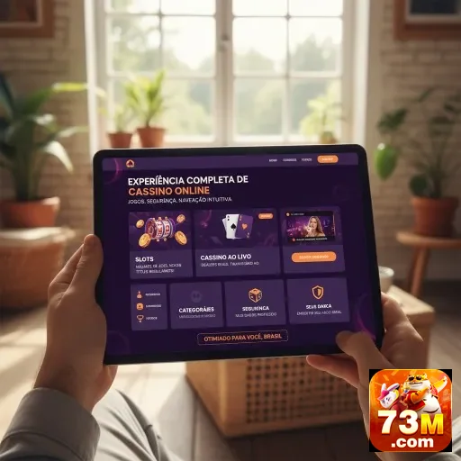 Jogador utilizando tablet com a interface 73m de cassino online.