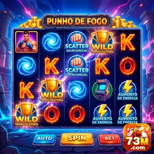 Slot 'Punho de Fogo' no aplicativo 73m com interações seguras.