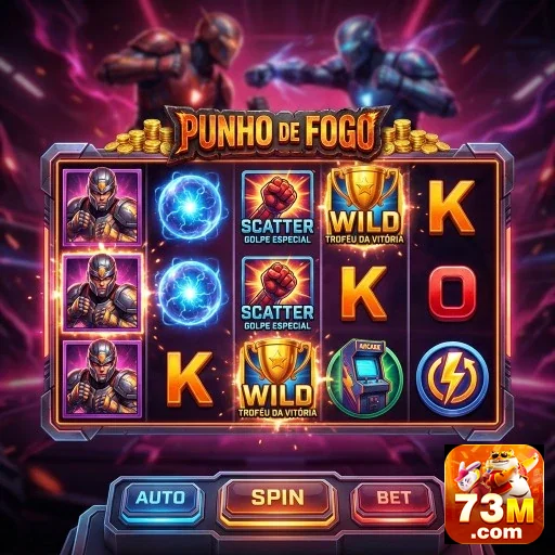 Interface do jogo 'Punho de Fogo' no site 73m com gráficos vibrantes.