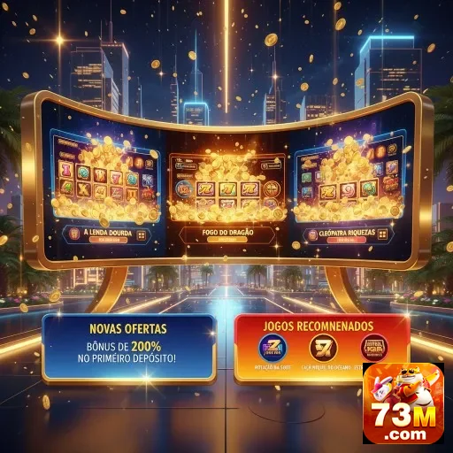 Plataforma 73m com jogos e bônus VIP destacando slots.