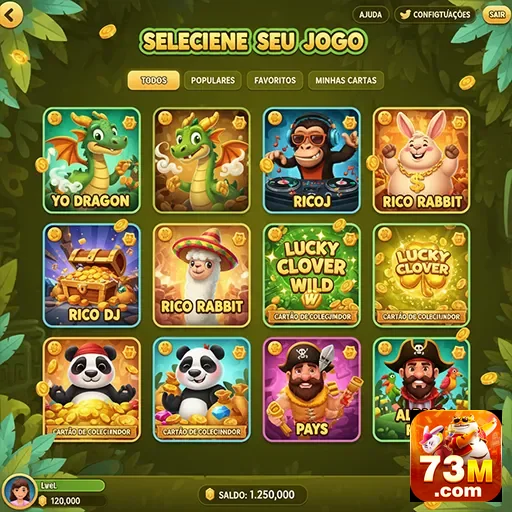 Tela de seleção de jogo no 73m com opções de slots.