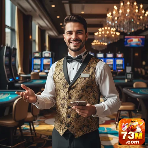 Atendente VIP sorridente no cassino do 73m.